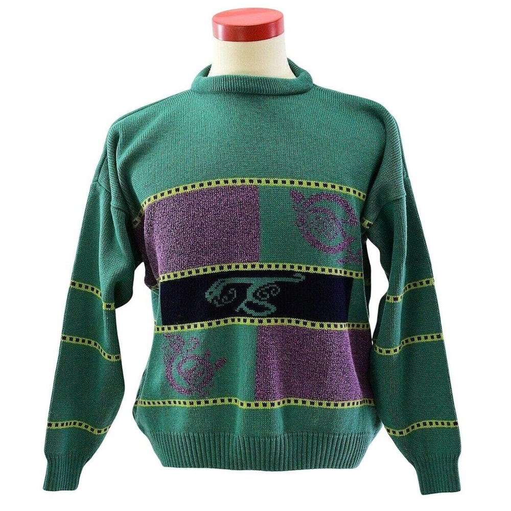 90s Mens L Sweater Green With Purple Abstract Design Yellow Stripes Blarney